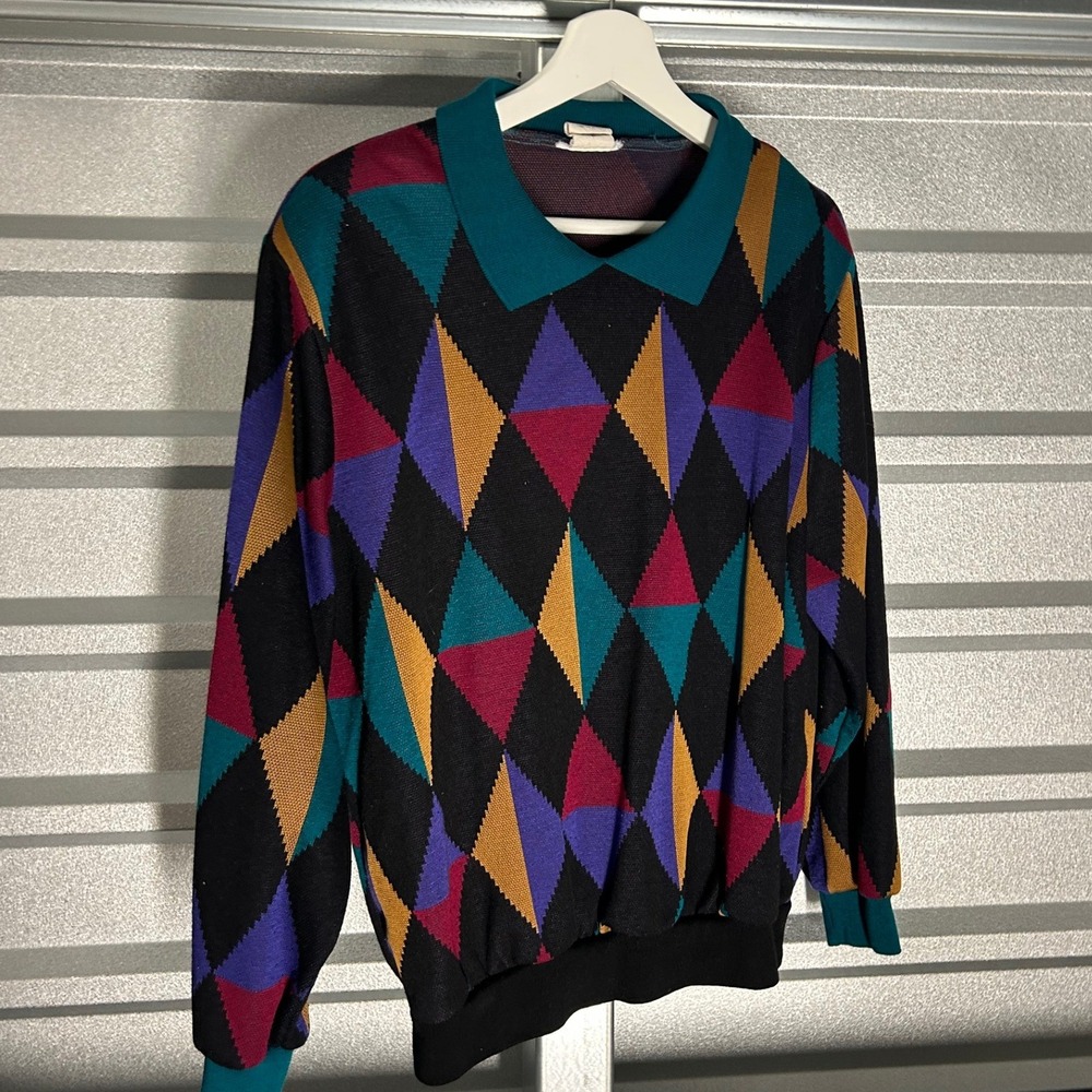 VINTAGE Sweater Mens Large Multi Color Geometric Argyle Pullover Retro 90s Knit